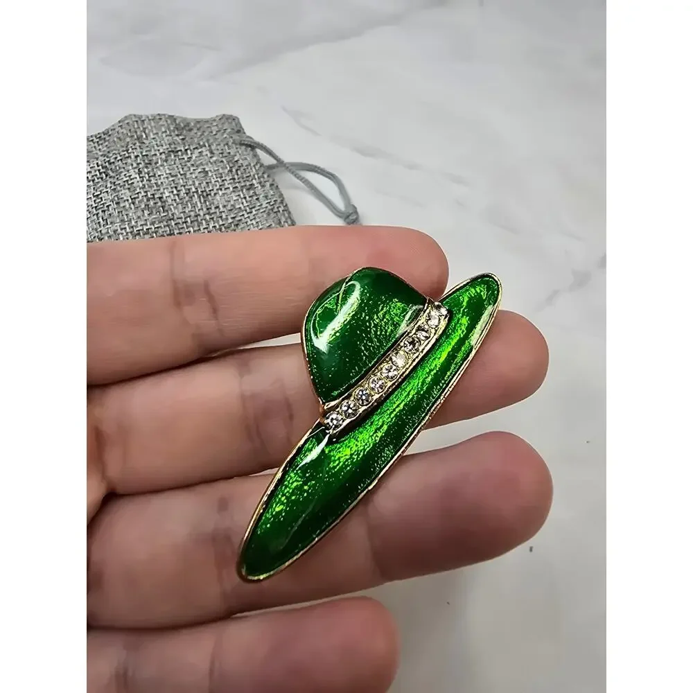 Painted Enamel Embellished Green Hat Brooch